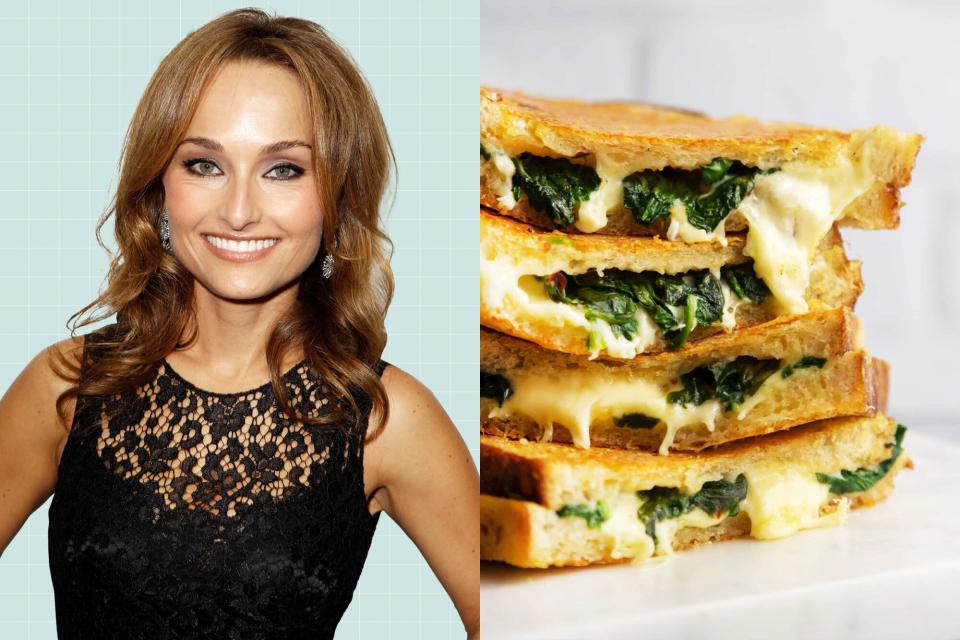 Giada De Laurentiis on a designed background next to SPINACH DIP GRILLED CHEESE