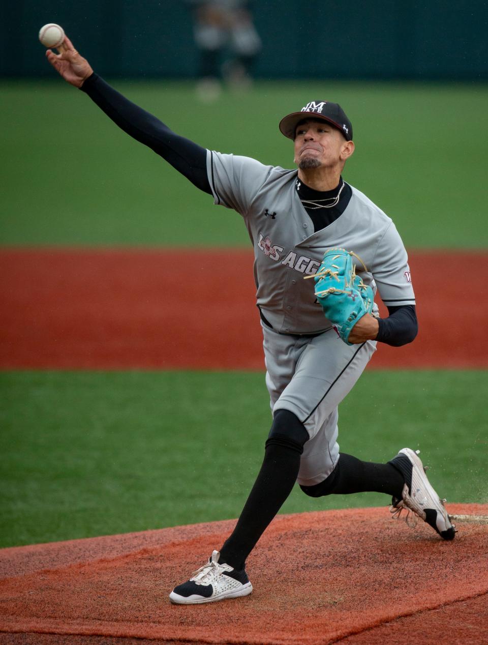 New Mexico State pitcher Ian Mejia throws out a pitch in the first inning against the Oregon State Beavers at the 2022 NCAA Corvallis Regional Friday, June 3, 2022, in Corvallis, Oregon. 