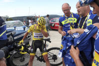 France's Julian Alaphilippe wearing the overall leader's yellow jersey reacts after he crossed the finish line of the sixth stage of the Tour de France cycling race over 160 kilometers (100 miles) with start in Mulhouse and finish in La Planche des Belles Filles, France, Thursday, July 11, 2019. (AP Photo/Thibault Camus)