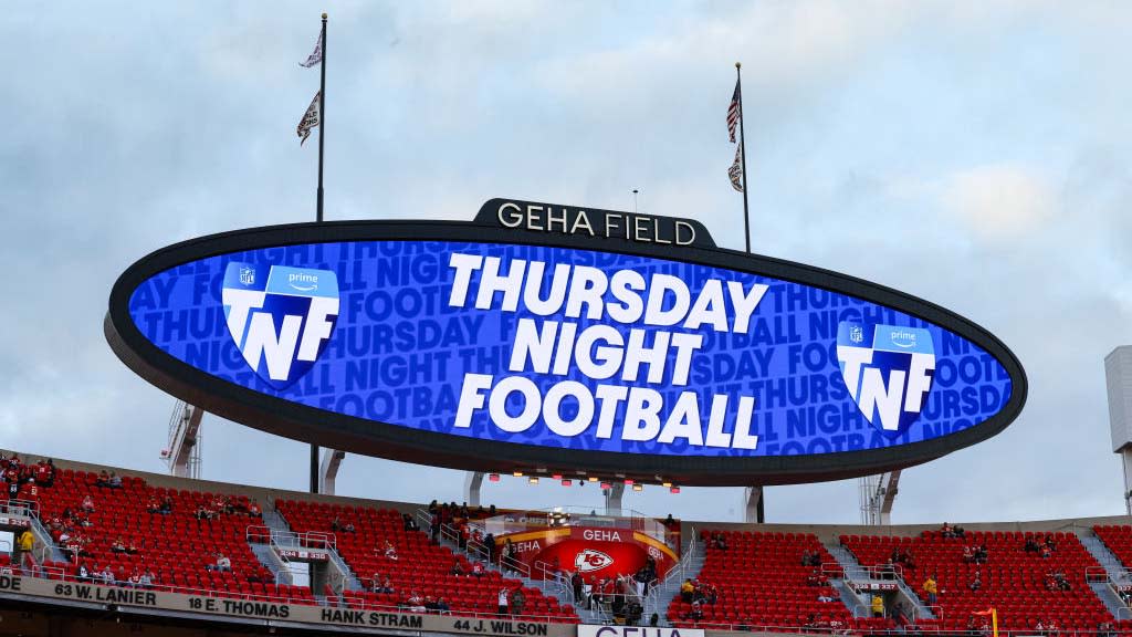  Amazon Thursday Night Football sign at Arrowhead Stadium in Kansas City. 