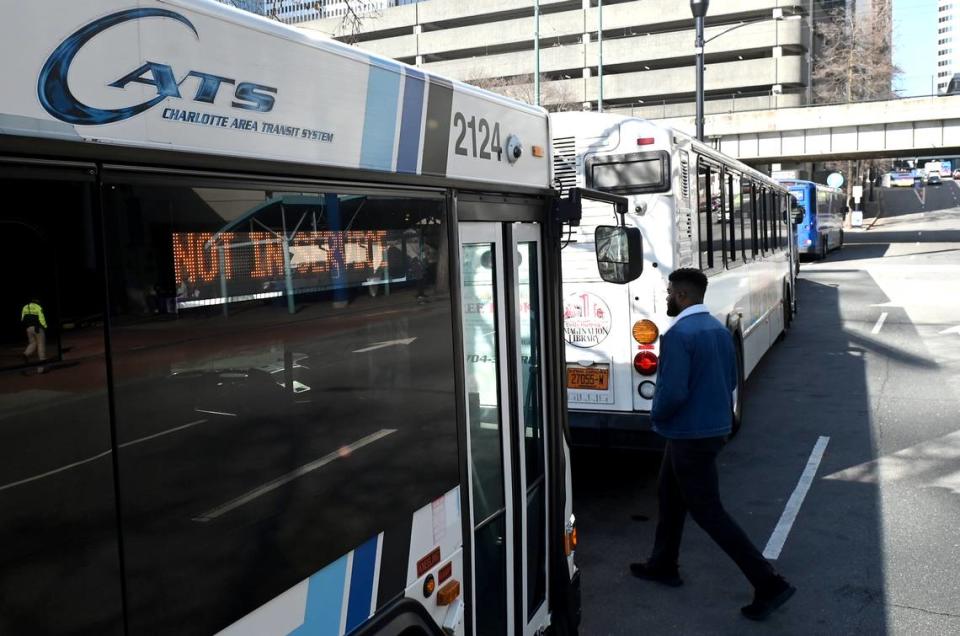 A CATS bus sits idle along E. 4th Street in uptown Charlotte, NC on Tuesday, January 10, 2023. Charlotte bus drivers voted to go on strike this past weekend.