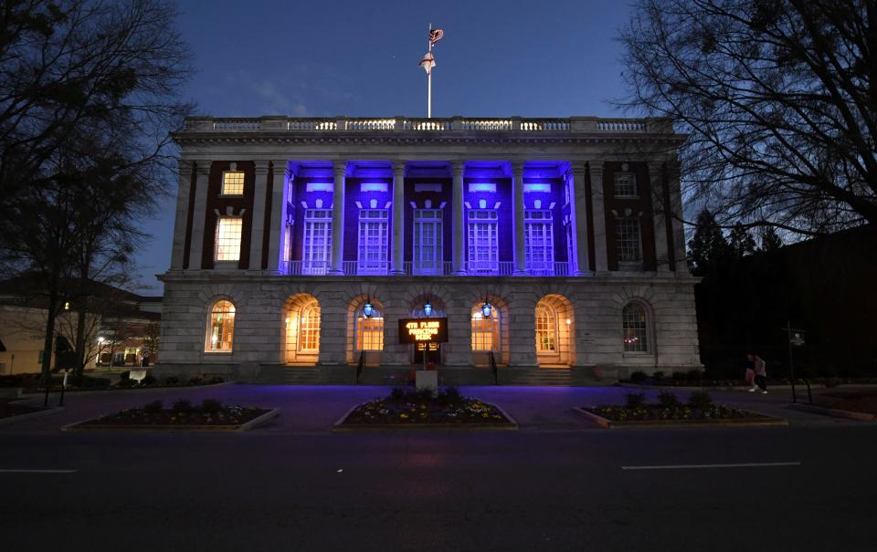 Tuscaloosa City Hall and the Tuscaloosa County Sheriff's Office display colors in support of Ukraine Sunday, March 6, 2022.