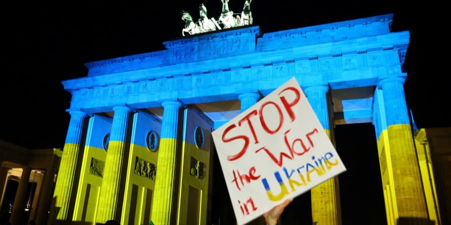 Rally in support of Ukraine and against the Russian war unleashed at the Brandenburg Gate in Berlin, Germany