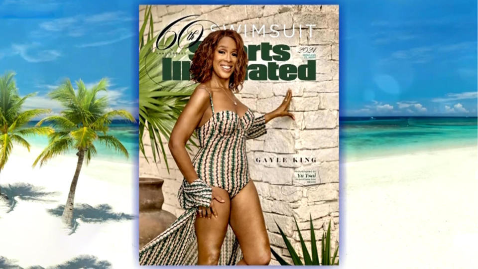 Gayle King on the cover of SI Swimsuit's anniversary edition available on Friday. / Credit: Sports Illustrated