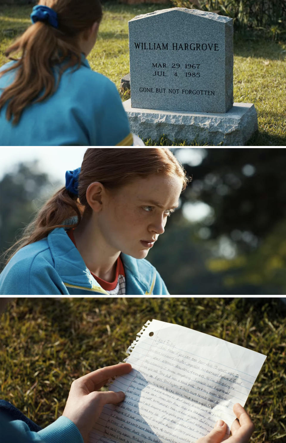 Max at the cemetery; Max looking at the letter