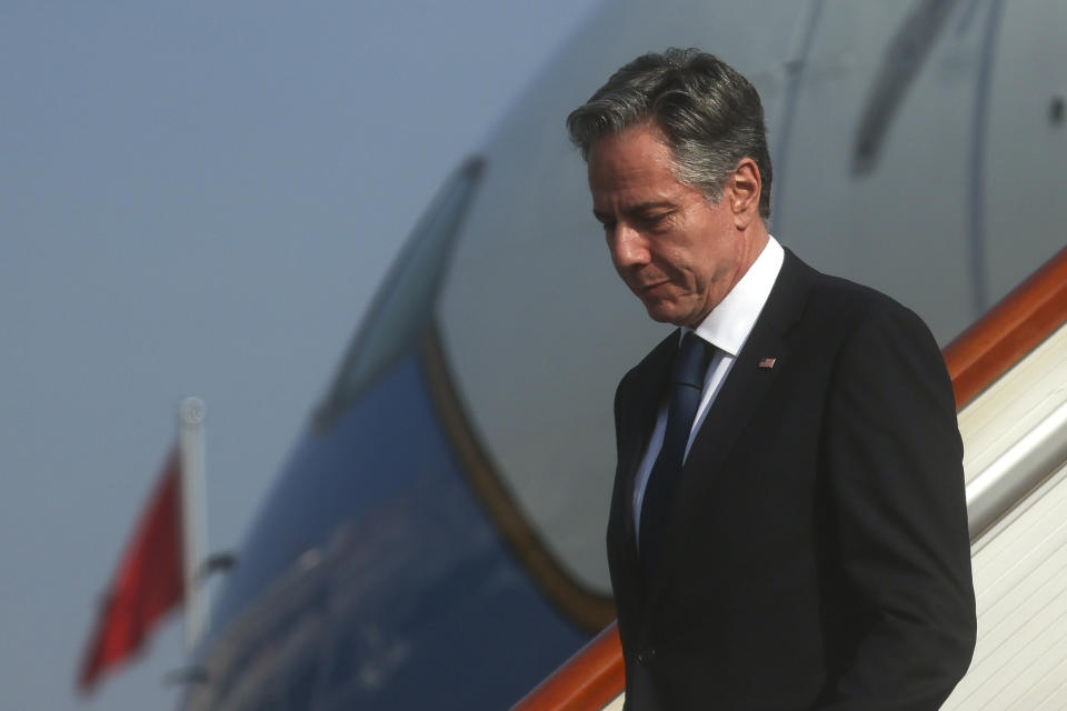 U.S. Secretary of State Antony Blinken arrives in Beijing, Sunday, June 18, 2023. (Leah Millis/Pool Photo via AP)