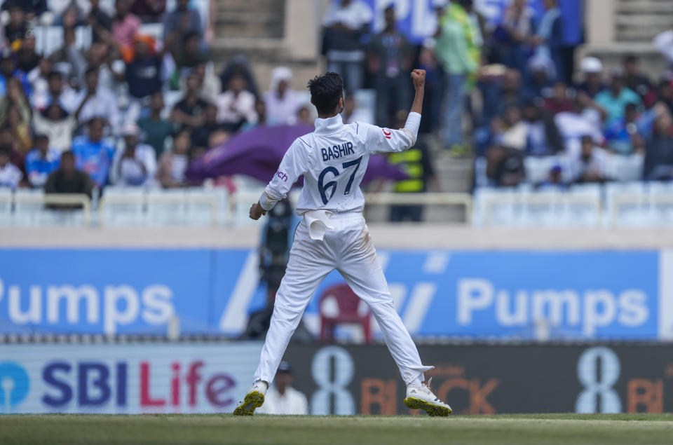 England's Shoaib Bashir celebrates the wicket of India's Ravindra Jadeja on the fourth day of the fourth cricket test match between England and India in Ranchi, India, Monday, Feb. 26, 2024. (AP Photo/Ajit Solanki)