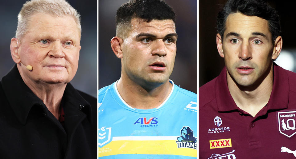 Pictured left to right, Maroons legend Paul Vautin, David Fifita and Billy Slater.