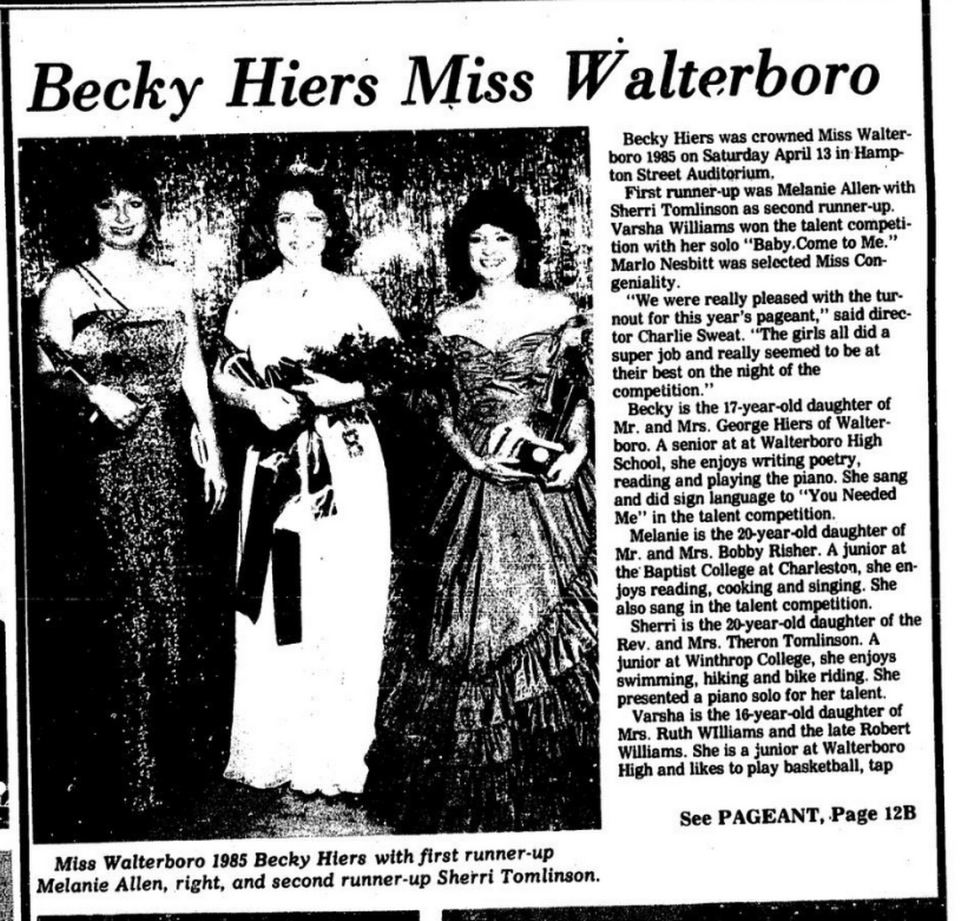 A clip from the April 18, 1985 issue of The Pres and Standard celebrating Becky Hiers winning Miss Walterboro.