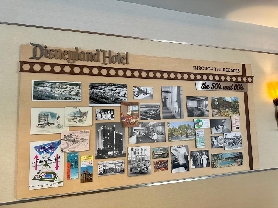 board featuring historic photos of disneyland and disneyland hotel inside the hotel