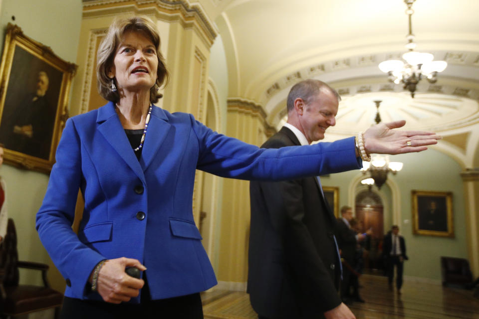 Sen. Lisa Murkowski, R-Alaska, gestures as she leaves the Senate chamber after the vote on witnesses during the impeachment trial of President Donald Trump at the U.S. Capitol Friday, Jan. 31, 2020, in Washington. The Senate rejected the idea of summoning witnesses for President Donald Trump’s impeachment trial late Friday, all but ensuring his acquittal. (AP Photo/Steve Helber)