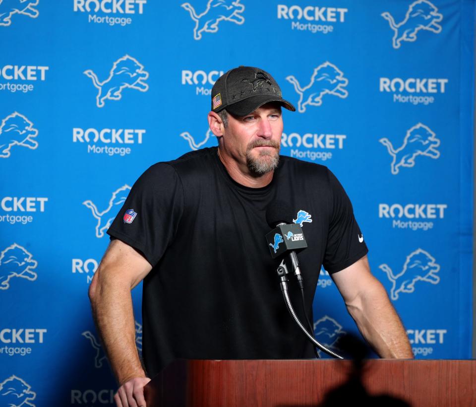 Lions coach Dan Campbell talks with reporters before training camp at the Allen Park facility on Wednesday, July 28, 2021.