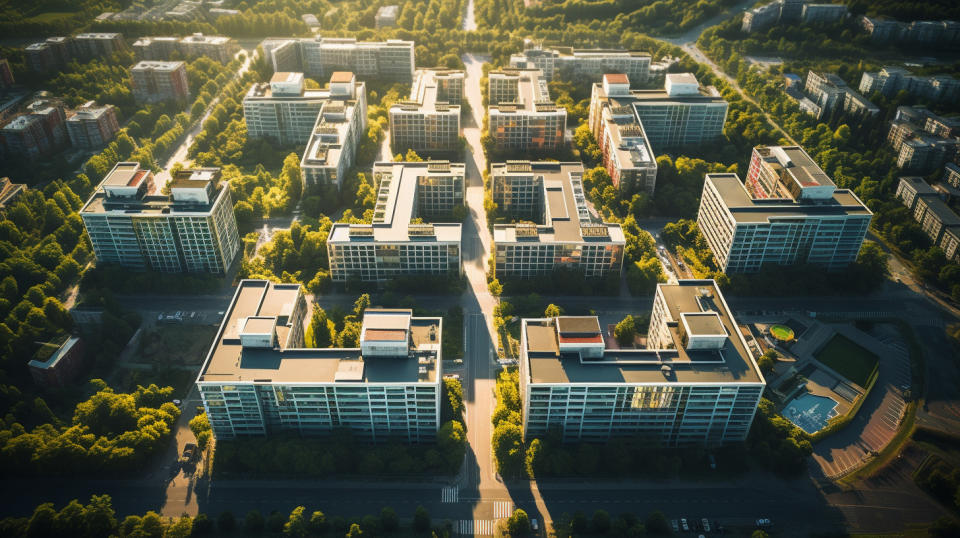 Aerial view of a large residential and commercial building complex owned by the company.