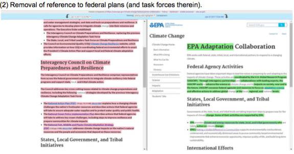 EPA website comparison, with changes highlighted. New page is on the right.