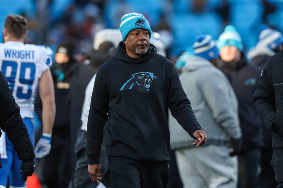 Panthers Head Coach Steve Wilks walks off the field after a win over the Lions, 37-23, on Saturday, December 24, 2022. Melissa Melvin-Rodriguez/mrodriguez@charlotteobserver.com