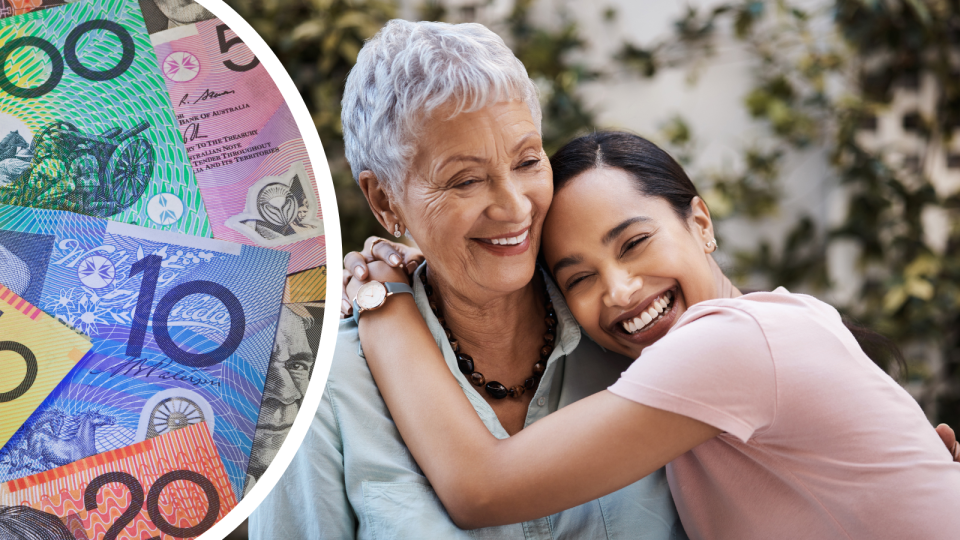 A composite image of Australian currency and an adult daughter hugging her elderly mother to represent the cost of health insurance.