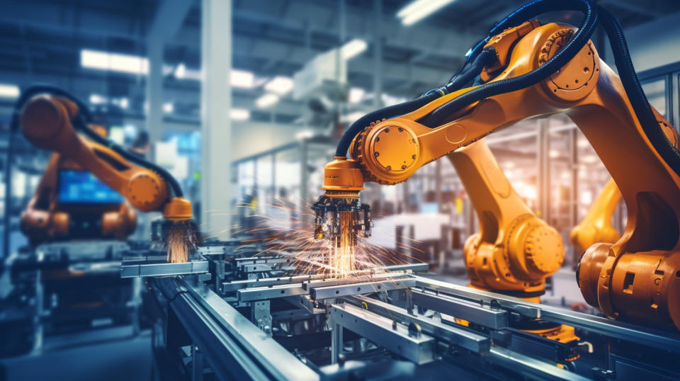 A worker operating a robotic arm in a semiconductor manufacturing facility.