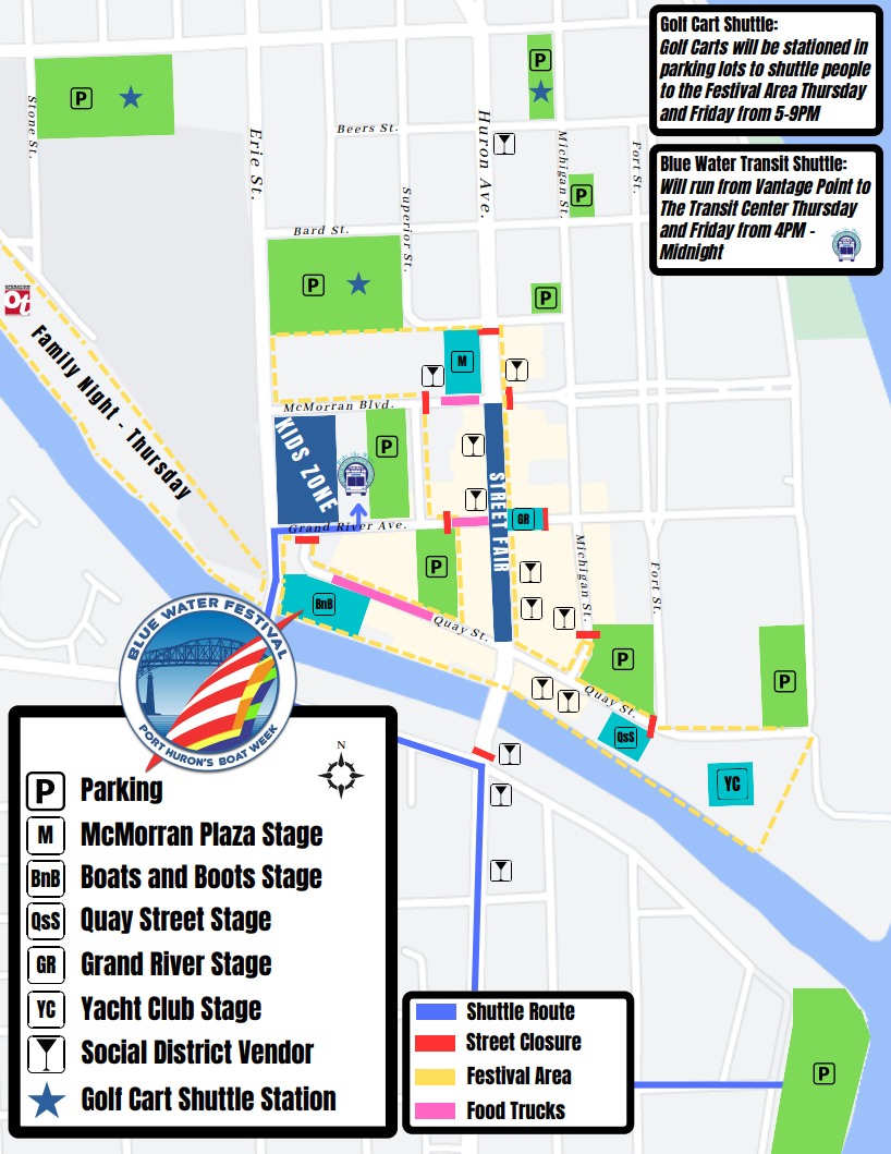 The layout for this year's Blue Water Fest, scheduled for July 17 to 20, is shown in this early event map. it includes road closures, designated parking areas, and a shuttle route.