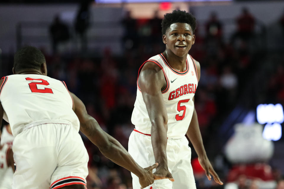 Georgia's Anthony Edwards reacts following a 3-point basket during the second half of a game against the Kentucky Wildcats. (Carmen Mandato/Getty Images)