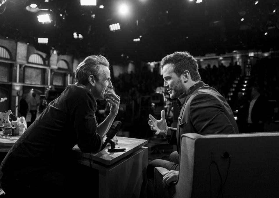 Seth Meyers talks with actor Chris Pratt (Photo by: Lloyd Bishop/NBC)
