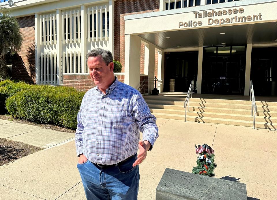 Mayor John Dailey took questions from the media Monday, March 20, 2023, outside Tallahassee Police Department headquarters. Dailey defended a decision to keep a police officer on the force who tested positive for drugs and the recent firing of HR Director Ellen Blair.