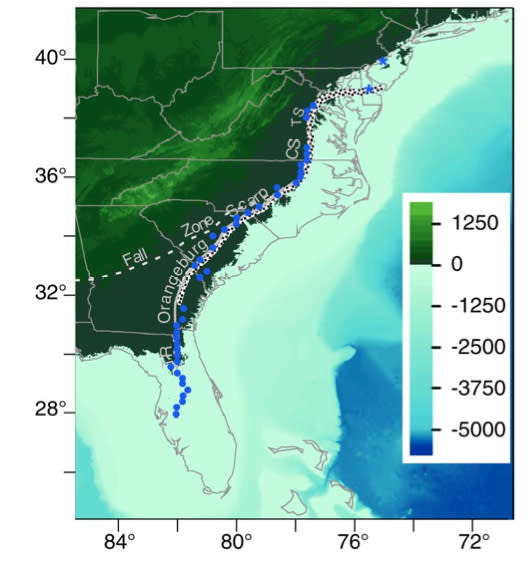 The East Coast shoreline as it appeared 3 million years ago. The shoreline has been adjusted 82 feet (25 meters) relative to today.