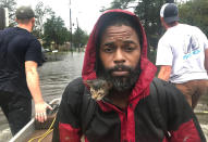 <p>Dieser Mann aus New Bern wird auf einem Boot in Sicherheit gebracht. Mit dabei hat er eine kleine Baby-Katze. (Bild: AP) </p>