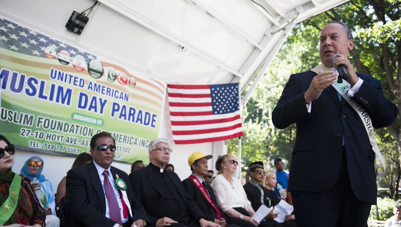 Rabbi Marc Schneier is pictured in this file photo speaking the during the 32nd Annual Muslim Day Parade on Sept. 24, 2017, in New York. Rabbi Schneider was named honorary grand marshal of the parade.