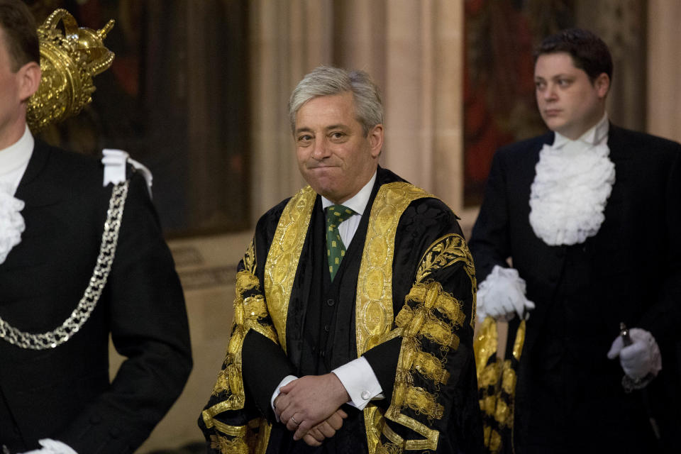 FILE - In this Wednesday, June 4, 2014 file photo, Britain's Speaker of the House of Commons John Bercow he walks through Central Lobby before Britain's Queen Elizabeth II delivered the Queen's Speech at the State Opening of Parliament at the Palace of Westminster in London. A colorful era in British parliamentary history is coming to a close with Speaker of the House John Bercow’s abrupt announcement Monday, Sept. 9, 2019 that he will leave his influential post by the end of October. (AP Photo/Matt Dunham, Pool, File)