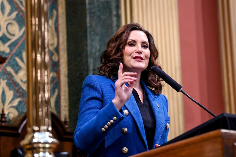 Gov. Gretchen Whitmer delivers her State of the State address on Wednesday, Jan. 25, 2023, at the Michigan State Capitol in Lansing. 