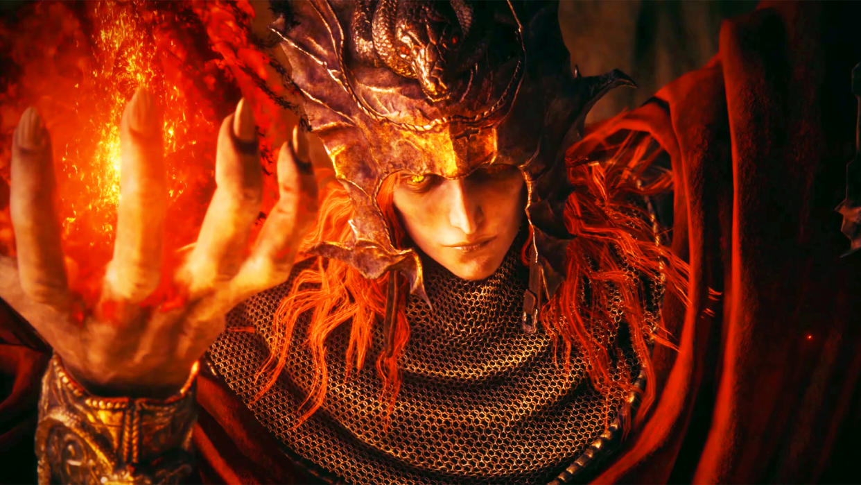  Elden Ring Shadow of the Erdtree trailer screencap of a red haired character holding fire in their hand. 