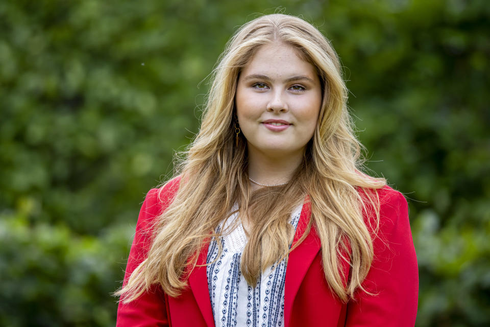 THE HAGUE, NETHERLANDS - JULY 16: Princess Amalia of The Netherlands pose for the media at Huis ten Bosch Palace on July 16, 2021 in The Hague, Netherlands. (Photo by Patrick van Katwijk/WireImage)