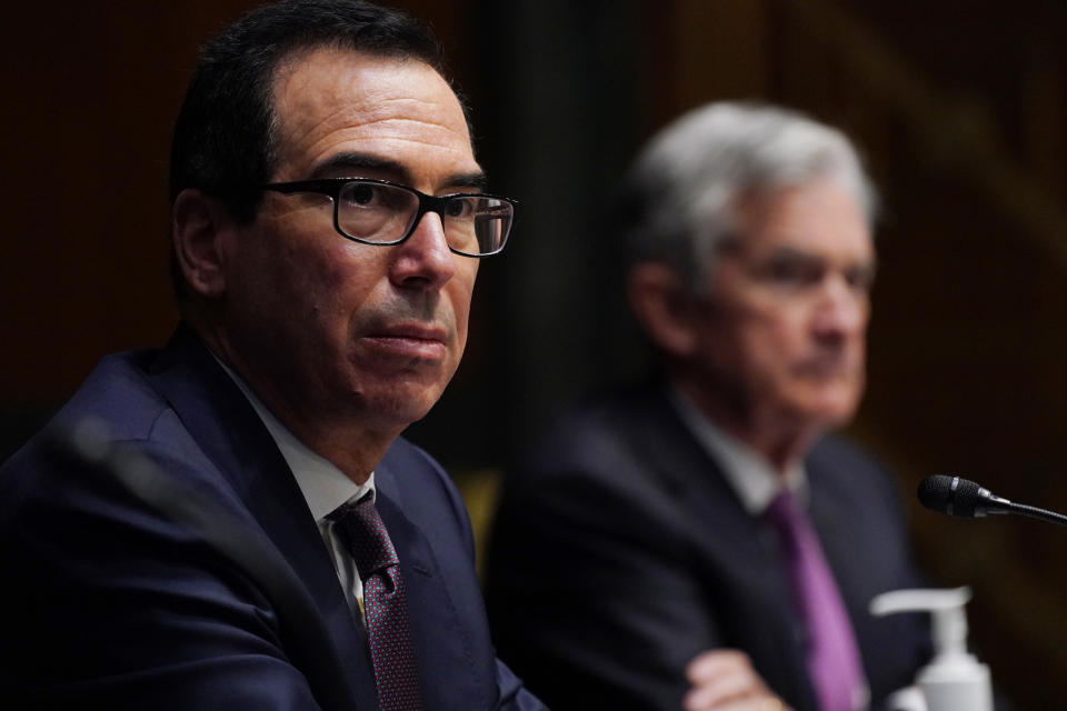 WASHINGTON, DC - SEPTEMBER 24: Steven T. Mnuchin, Secretary, Department of the Treasury during the Senate's Committee on Banking, Housing, and Urban Affairs hearing examining the quarterly CARES Act report to Congress n September 24, 2020 in Washington, DC. The Coronavirus Aid, Relief, and Economic Security Act, also known as the CARES Act, is a $2.2 trillion economic stimulus bill passed in response to the economic fallout of the COVID-19 pandemic in the United States.  (Photo by Toni L. Sandys-Pool/Getty Images)