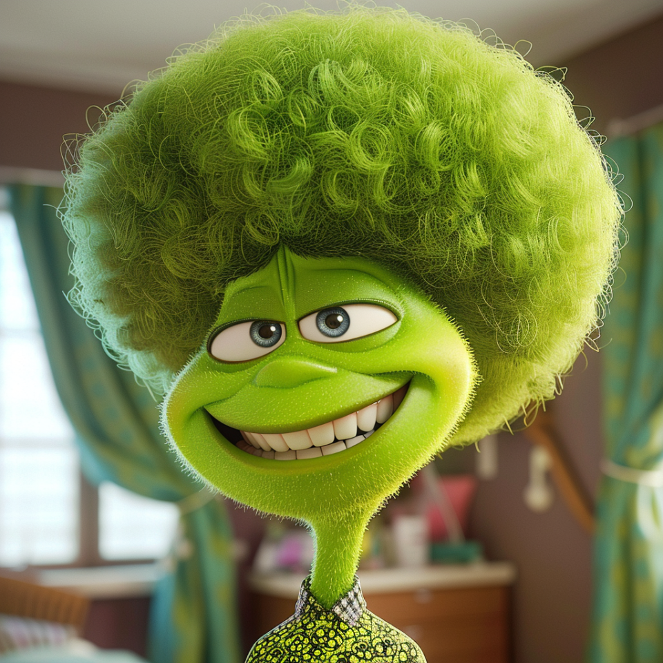 Animated character Disgust from 'Inside Out' with a large green hairstyle, expressing a sly grin