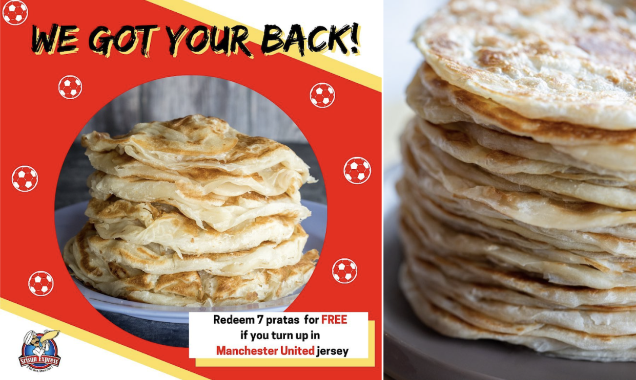 Marketing poster from Srisun Express (left) and a stack of pratas (Photos: Srisun Express/Facebook)