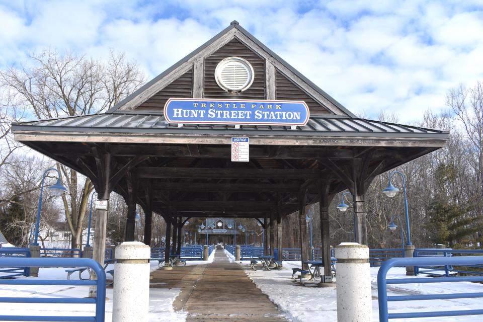 Adrian's Trestle Park, 302 Hunt St., features raised boardwalks through natural areas near the River Raisin and is also a stop along the Kiwanis Trail. Pictured, is the park's Hunt Street Station, one of its many boardwalks. Trestle Park is home to many of Adrian’s extensive trails, walking paths, picnic shelters, a ball field and an outdoor amphitheater.