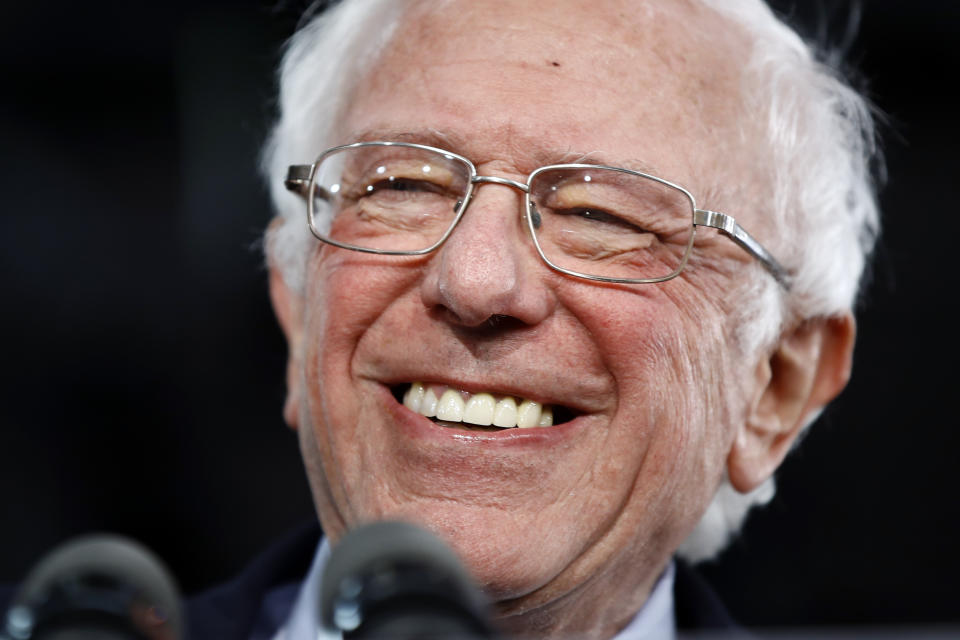 Democratic presidential candidate Sen. Bernie Sanders, I-Vt., speaks to supporters at a caucus night campaign rally in Des Moines, Iowa, Monday, Feb. 3, 2020. (AP Photo/Matt Rourke)