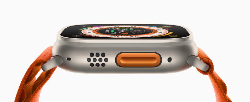 ▲Apple Watch Ultra 加入全新可自訂「動作」按鈕，使用者能透過實體控制鍵快速操作各種功能,（圖／官方提供）