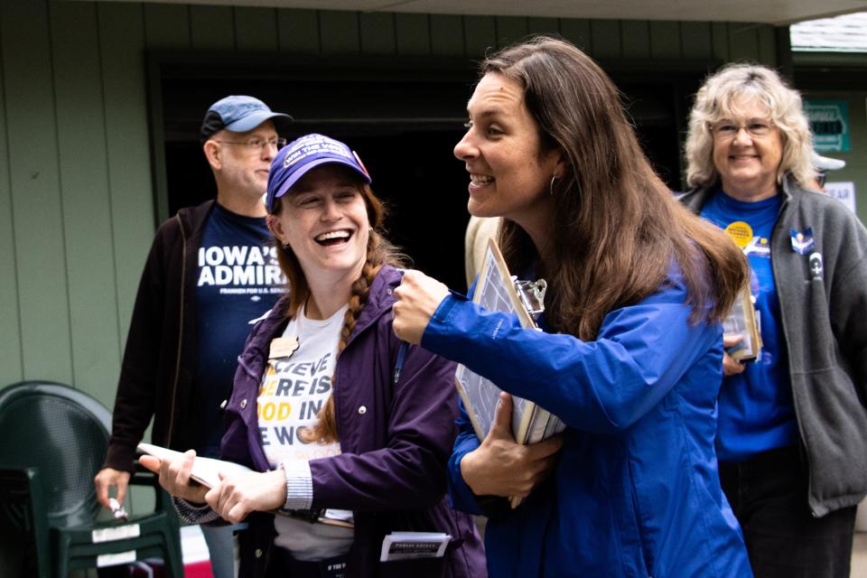 Elinor Levin, Iowa House District 89 candidate, left, and Iowa City Councilor Laura Bergus go door knocking, Saturday, Sept. 24, 2022 in Iowa City, Iowa.