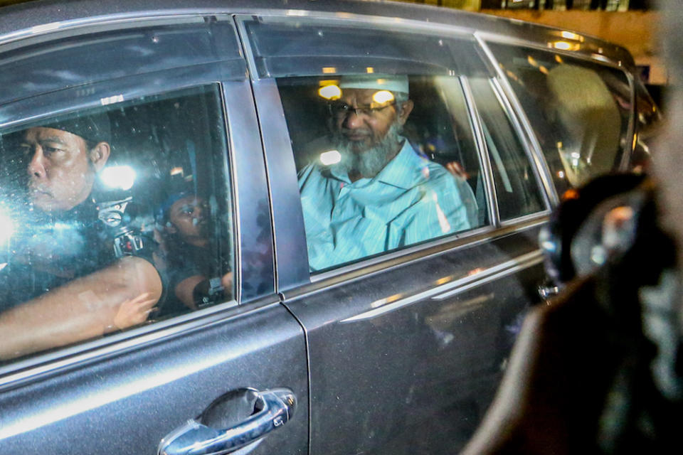 Islamic preacher Dr Zakir Naik leaves Bukit Aman in Kuala Lumpur August 16, 2019. — Picture by Firdaus Latif