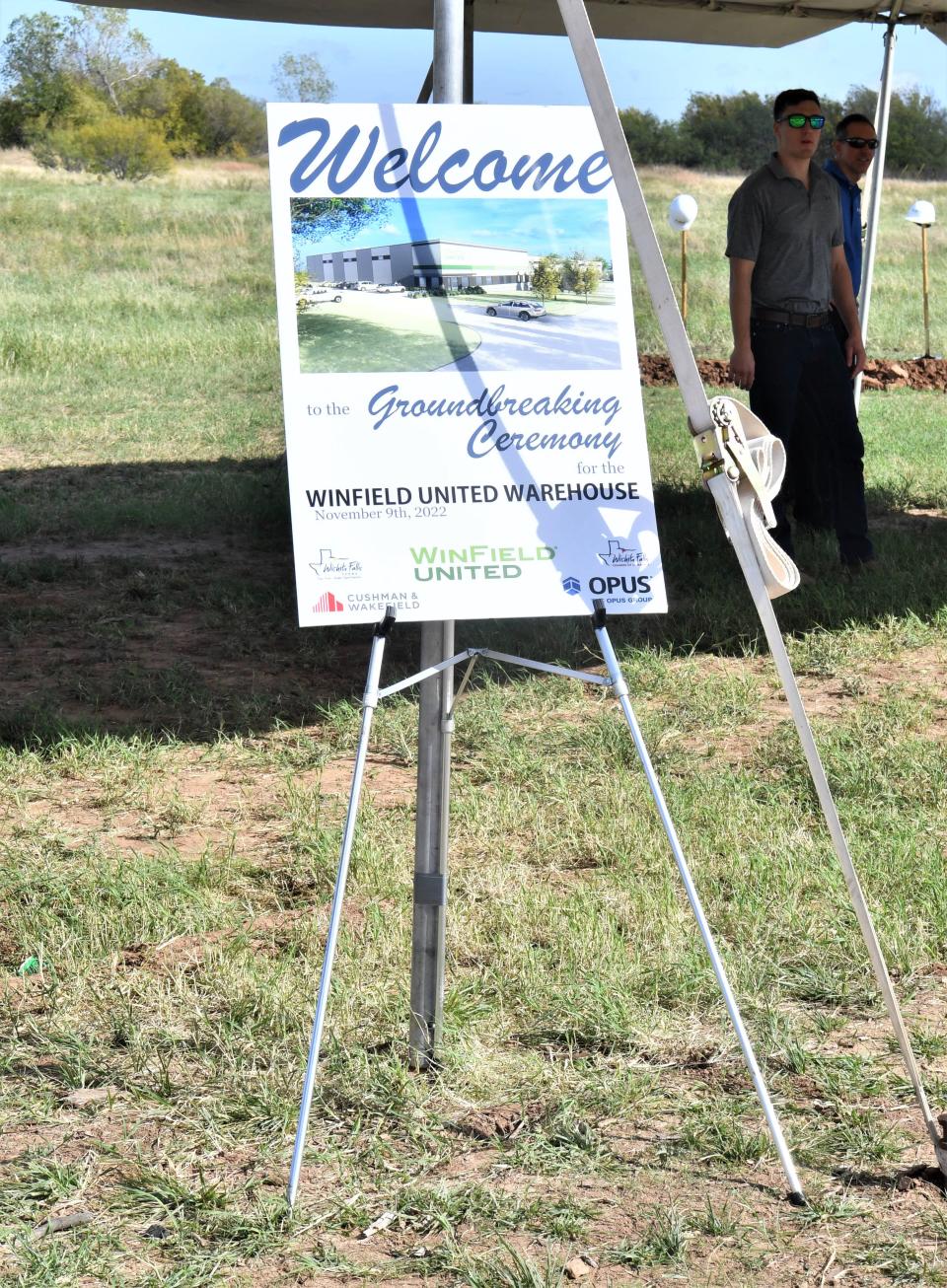 A sign was displayed at the site of the new WinField United expansion during the ground-breaking ceremony in Wichita Falls on Wednesday, November 9, 2022.