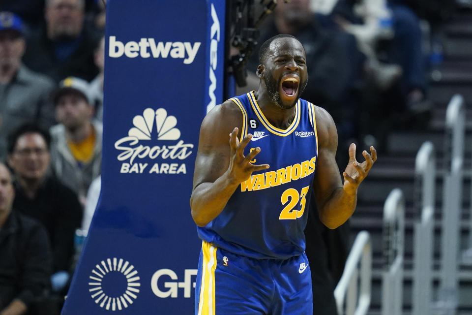 Golden State Warriors forward Draymond Green reacts during the first half of an NBA basketball game against the San Antonio Spurs in San Francisco, Monday, Nov. 14, 2022. (AP Photo/Godofredo A. Vásquez)