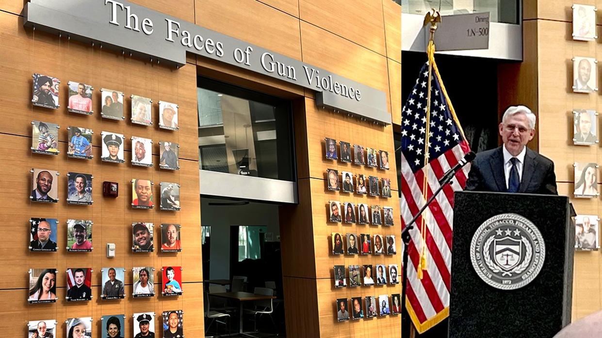 The Faces of Gun Violence photo art exhibit ATF headquarters Gun Violence Survivors summit United States Attorney General Merrick Garland podium speech