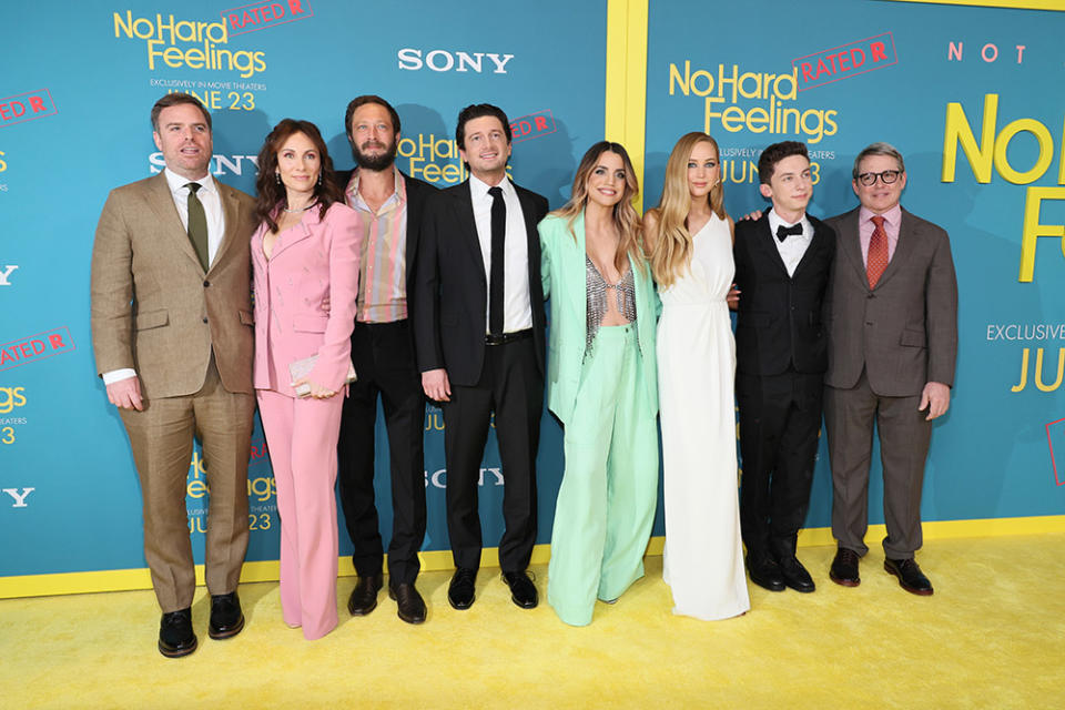 (L-R) John Phillips, Laura Benanti, Ebon Moss-Bachrach, Gene Stupnitsky, Natalie Morales, Jennifer Lawrence, Andrew Feldman and Matthew Broderick attend Sony Pictures' "No Hard Feelings" premiere at AMC Lincoln Square Theater on June 20, 2023 in New York City.