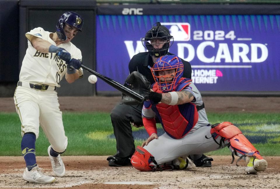 Milwaukee Brewers outfielder Sal Frelick (10) hits a double during the fourth inning of their wild-card playoff game against the New York Mets Tuesday, October 1, 2024 at American Family Field in Milwaukee, Wisconsin.