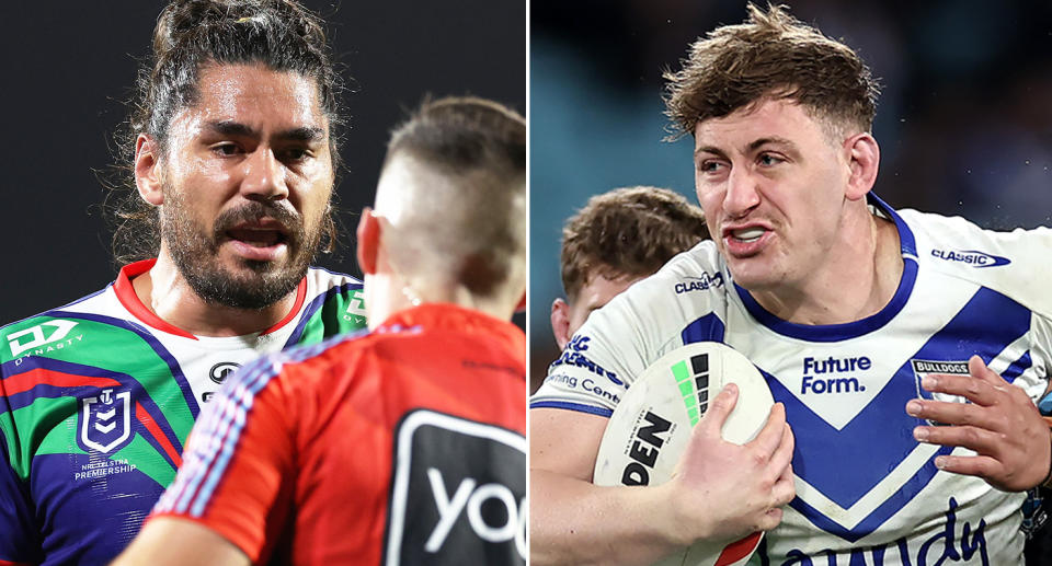 Pictured left to right, Warriors captain Tohu Harris and Bulldogs prop Max King.