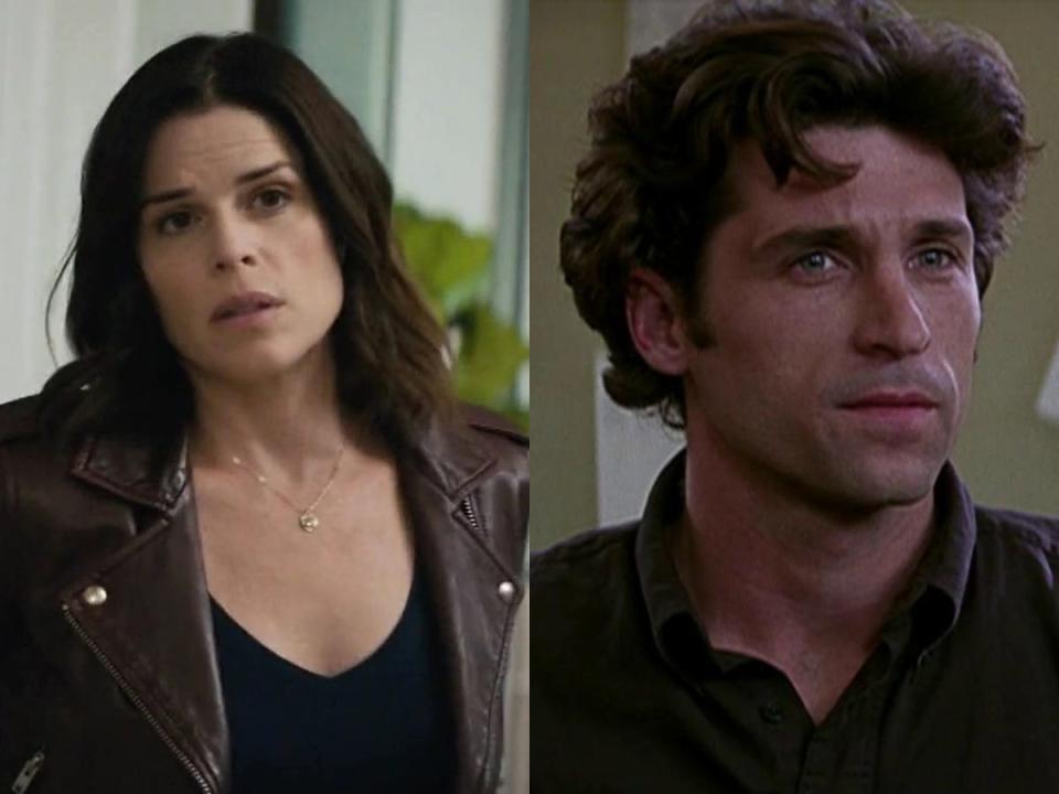 Neve Campbell as Sidney Prescott in 2022's "Scream" and Patrick Dempsey as Detective Mark Kincaid in "Scream 3."