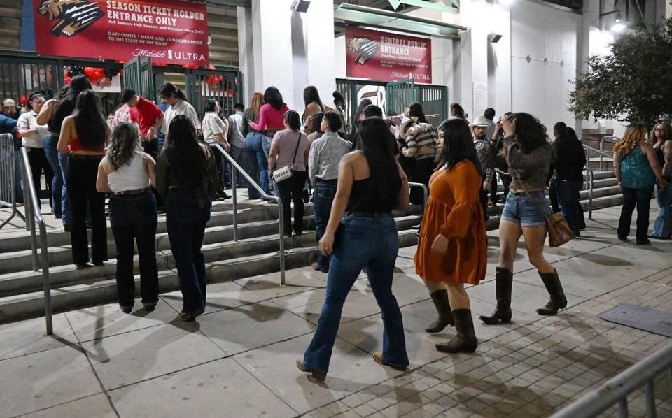 Fans of banda music enter Chuckchansi Park to see Banda MS, El Flaco, Yahritza and more Friday, Oct. 6, 2023 in downtown Fresno.