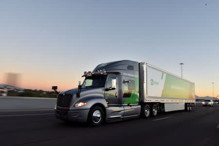 The TuSimple self-driving truck is pictured in this undated handout photo obtained by Reuters May 20, 2019. TuSimple/Handout via REUTERS