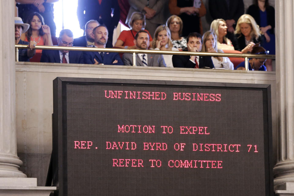 Spectators listen to debate over the call for the expulsion of Rep. David Byrd, R-Waynesboro, during a special session of the House of Representatives Friday, Aug. 23, 2019, in Nashville, Tenn. Byrd is accused of sexual misconduct by three women nearly 30 years ago. (AP Photo/Mark Humphrey)